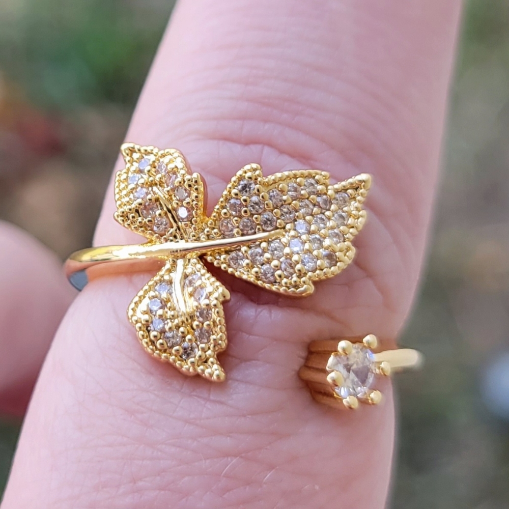 Oak Leaf Clear Crystal Gemstone Diamond Gold Ring One Size Fits All